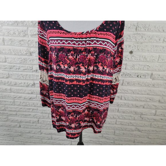 Cato Womens Top 18W 20W Plus Tunic Lace Sleeve Black Floral FLO350E - Picture 4 of 9